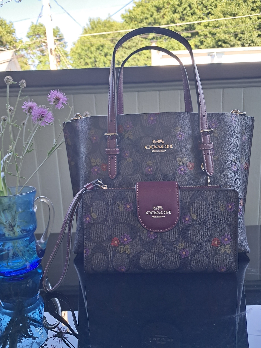 Coach Gray Floral Signature Tote with Matching Wristlet — Plum Trim